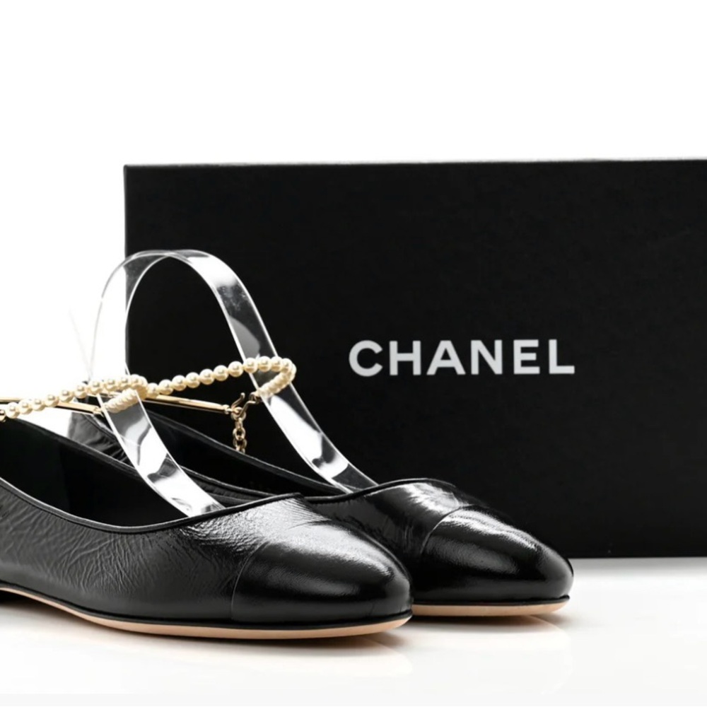 Chanel Black Leather Flats with Pearl Detail
